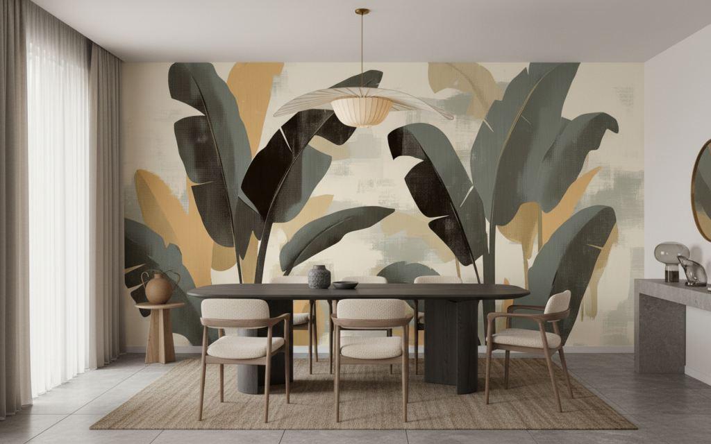 Papier peint tropical moderne aux feuilles stylisées grises et ocre - Salle à manger