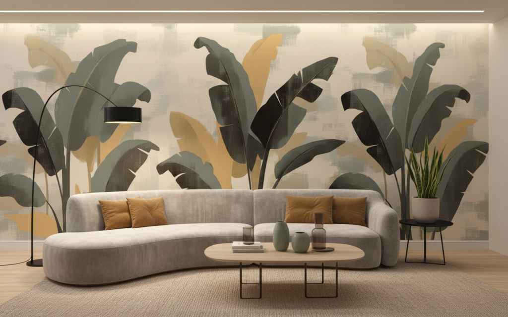 Papier peint tropical moderne aux feuilles stylisées grises et ocre - Salon / Séjour