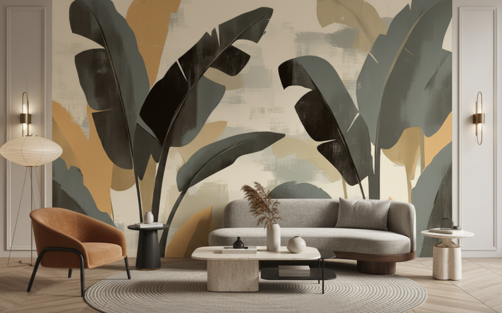 Papier peint tropical moderne aux feuilles stylisées grises et ocre - Salon / Séjour