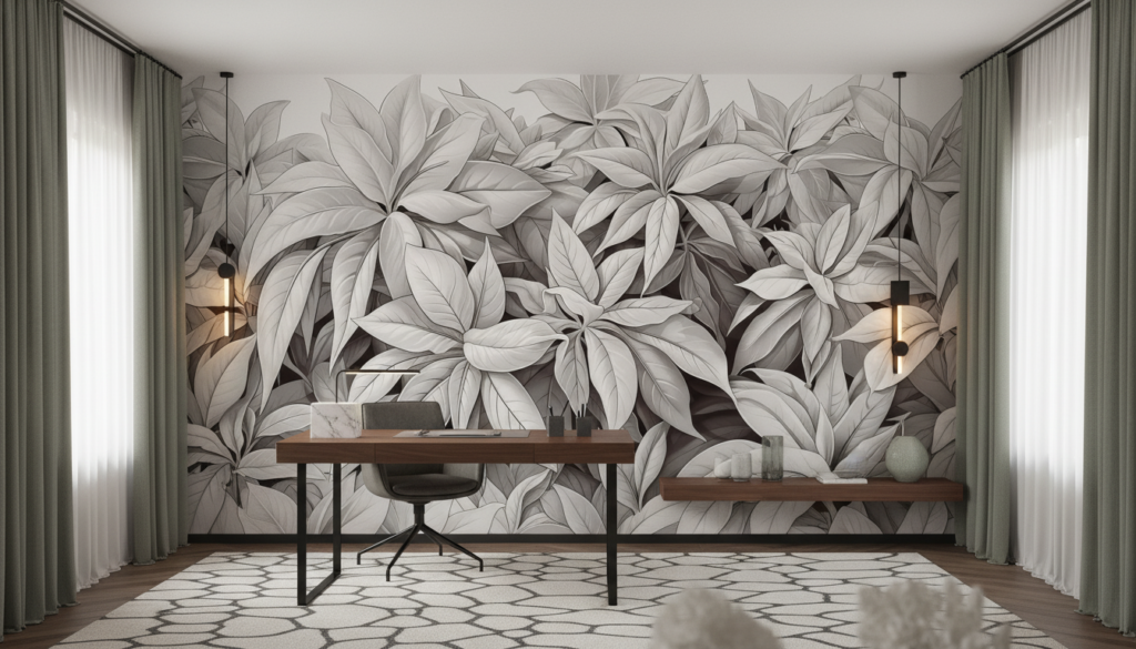 Papier Peint Tropical Monochrome Feuilles Exotiques Palmiers Élégant - Bureau