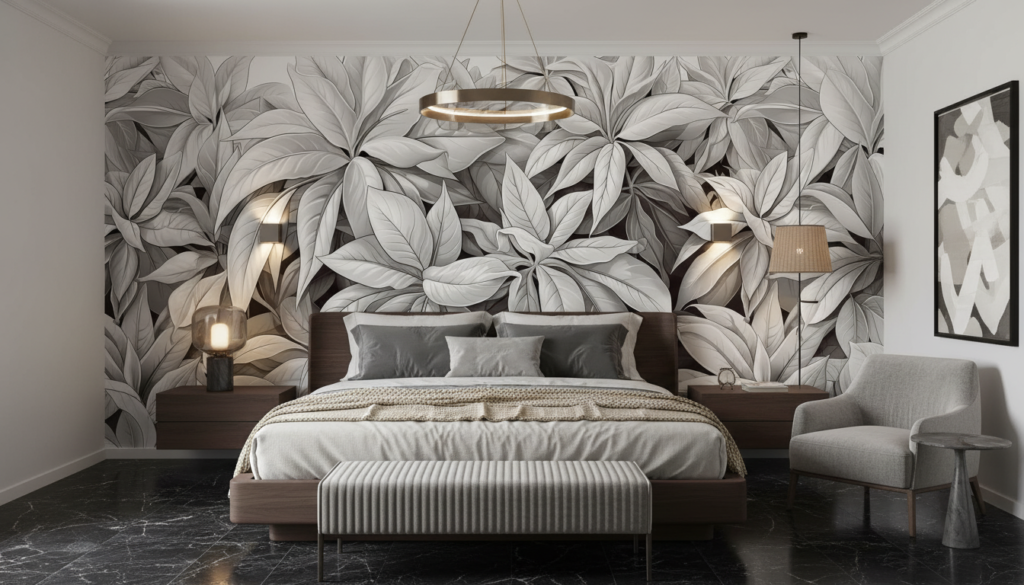 Papier Peint Tropical Monochrome Feuilles Exotiques Palmiers Élégant - Chambre adulte