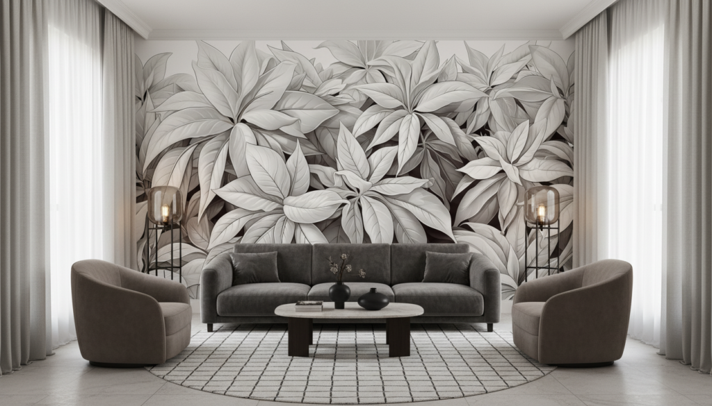 Papier Peint Tropical Monochrome Feuilles Exotiques Palmiers Élégant - Hôtel