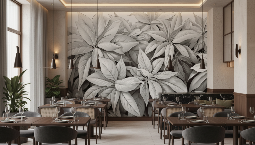 Papier Peint Tropical Monochrome Feuilles Exotiques Palmiers Élégant - Restaurant