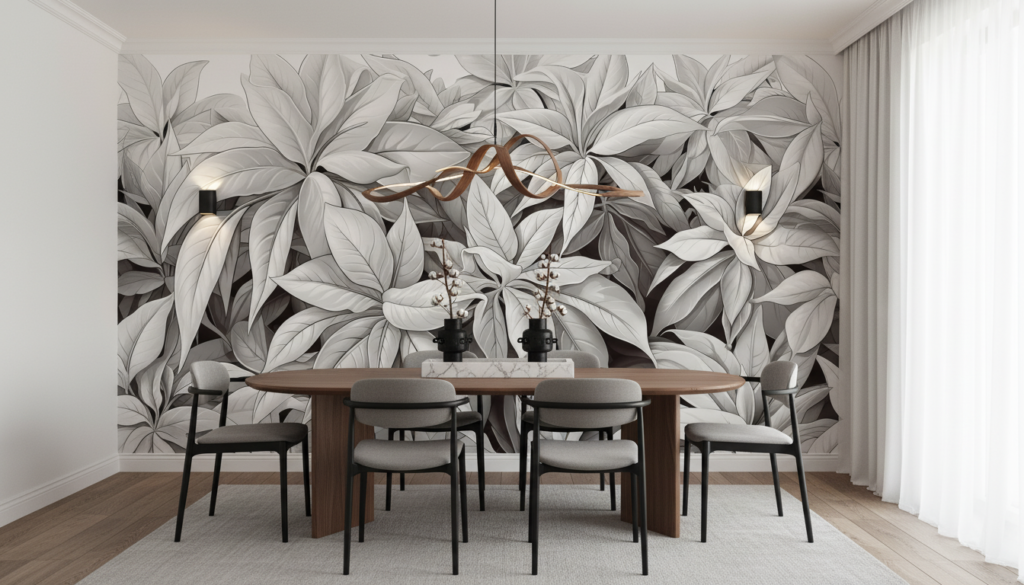 Papier Peint Tropical Monochrome Feuilles Exotiques Palmiers Élégant - Salle à manger