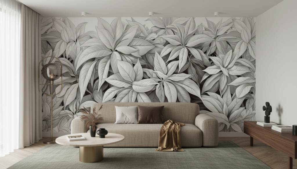 Papier Peint Tropical Monochrome Feuilles Exotiques Palmiers Élégant - Salon / Séjour