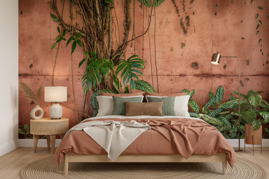 Papier peint tropical mur brique rose avec végétation luxuriante verte - Chambre adulte