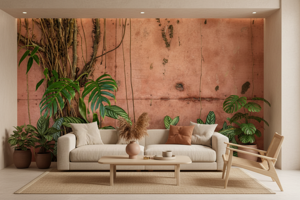 Papier peint tropical mur brique rose avec végétation luxuriante verte - Salon / Séjour