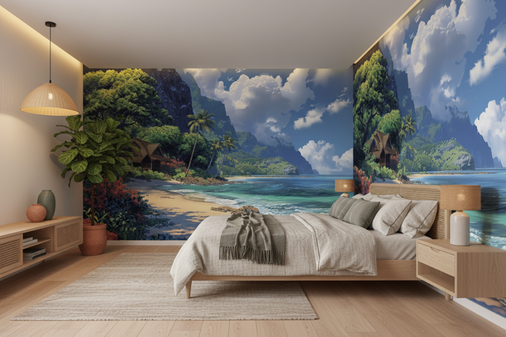 Papier Peint Tropical Paradise avec Plage et Montagnes Verdoyantes - Chambre adulte