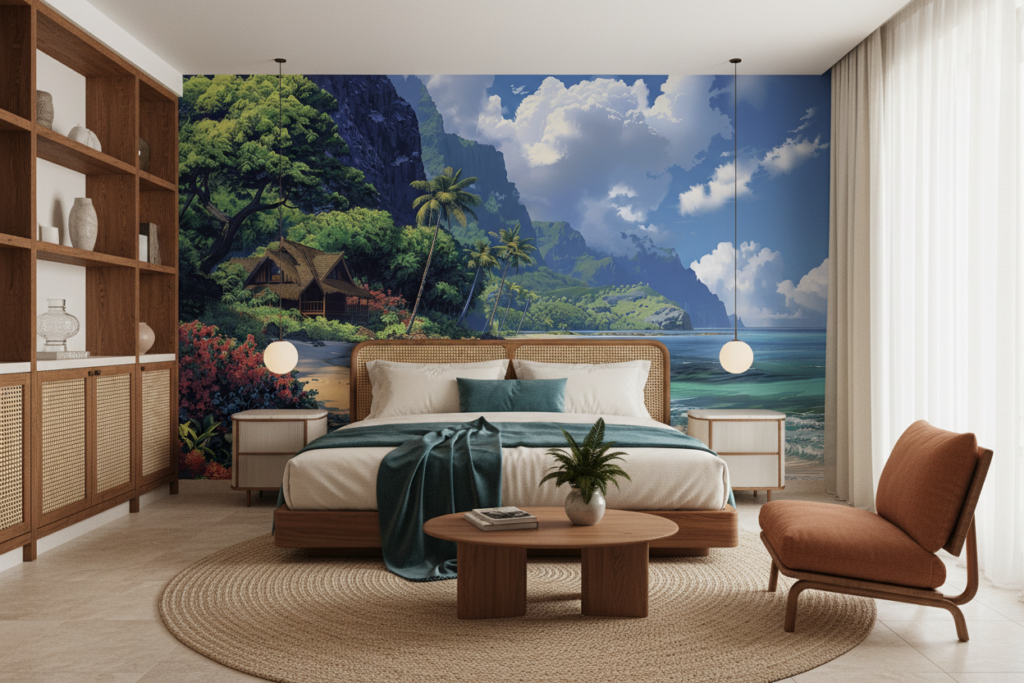Papier Peint Tropical Paradise avec Plage et Montagnes Verdoyantes - Hôtel