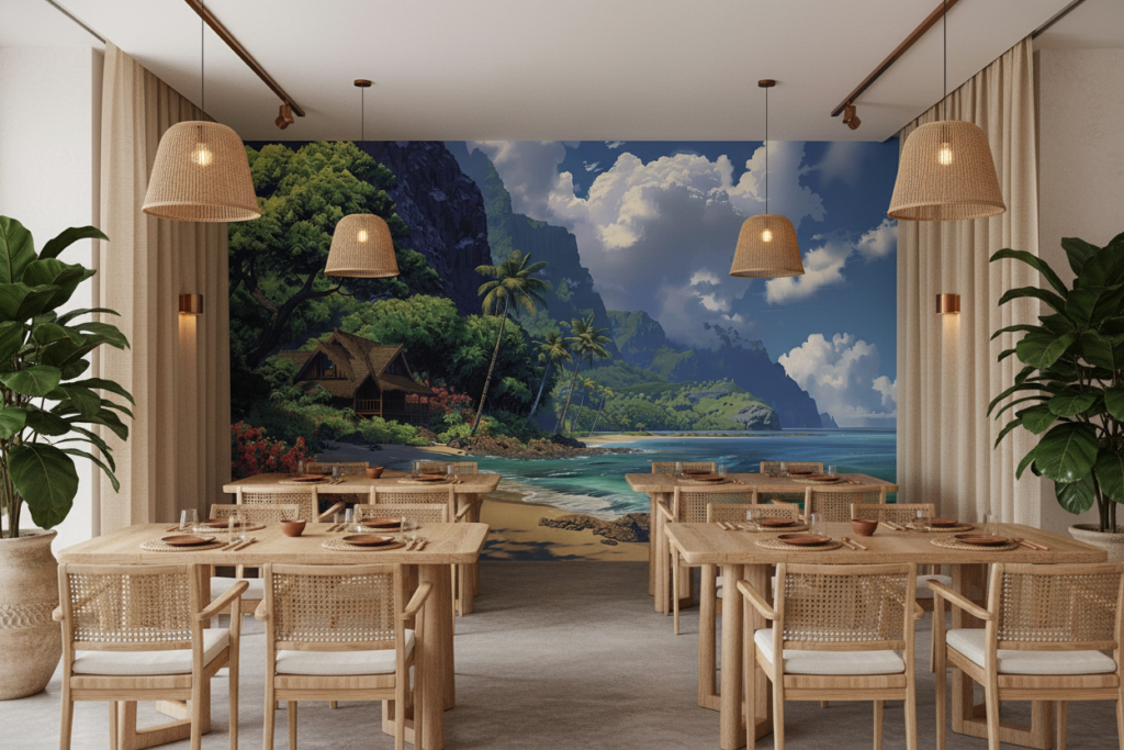 Papier Peint Tropical Paradise avec Plage et Montagnes Verdoyantes - Restaurant