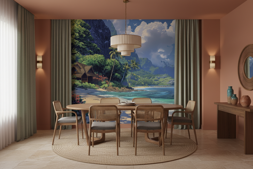 Papier Peint Tropical Paradise avec Plage et Montagnes Verdoyantes - Salle à manger