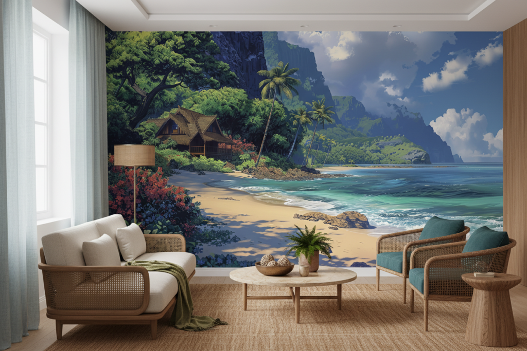Papier Peint Tropical Paradise avec Plage et Montagnes Verdoyantes - Salon / Séjour