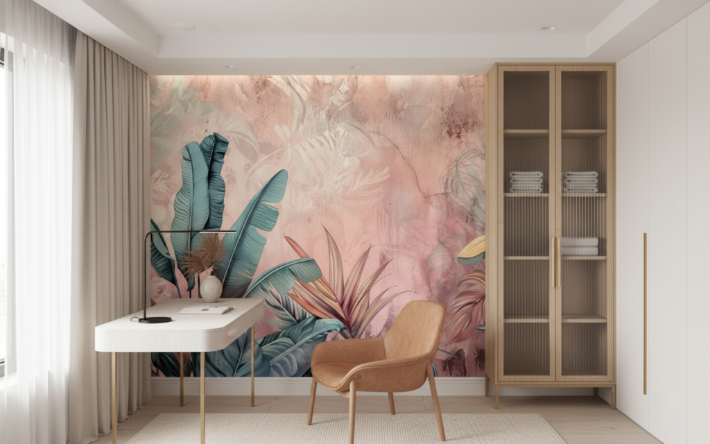 Papier Peint Tropical Pastel Feuillage Exotique Rose Turquoise - Bureau