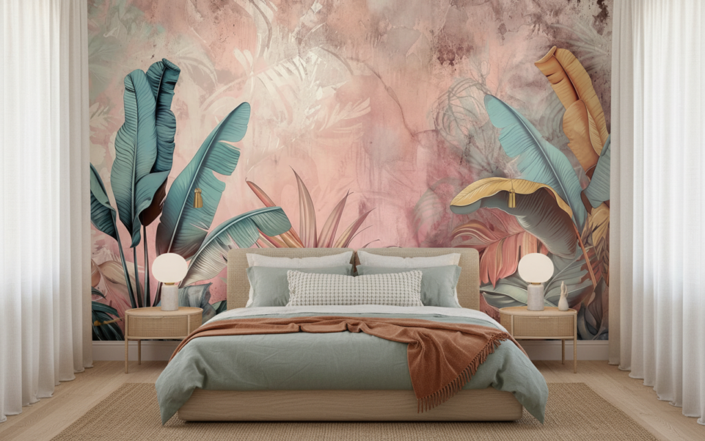 Papier Peint Tropical Pastel Feuillage Exotique Rose Turquoise - Chambre adulte