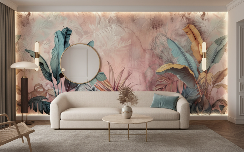 Papier Peint Tropical Pastel Feuillage Exotique Rose Turquoise - Hôtel