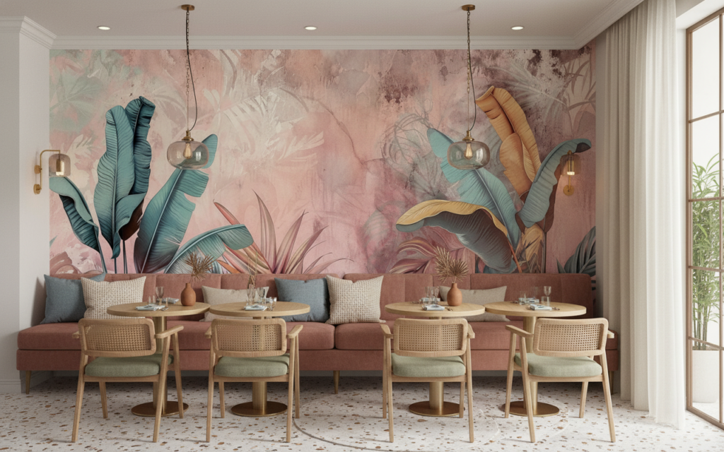 Papier Peint Tropical Pastel Feuillage Exotique Rose Turquoise - Restaurant