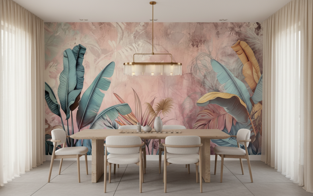 Papier Peint Tropical Pastel Feuillage Exotique Rose Turquoise - Salle à manger