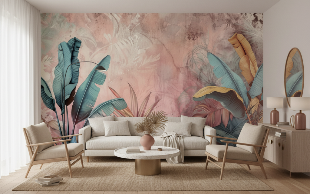 Papier Peint Tropical Pastel Feuillage Exotique Rose Turquoise - Salon / Séjour
