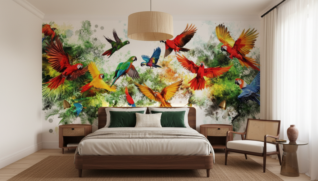Papier Peint Tropical Perroquets Multicolores Voltigeant dans la Jungle Luxuriante - Chambre adulte