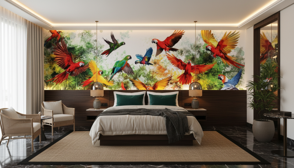 Papier Peint Tropical Perroquets Multicolores Voltigeant dans la Jungle Luxuriante - Hôtel
