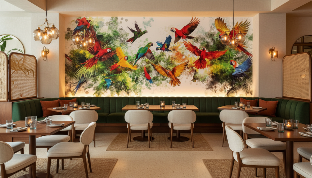 Papier Peint Tropical Perroquets Multicolores Voltigeant dans la Jungle Luxuriante - Restaurant