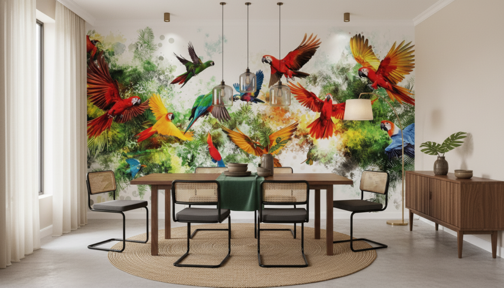 Papier Peint Tropical Perroquets Multicolores Voltigeant dans la Jungle Luxuriante - Salle à manger