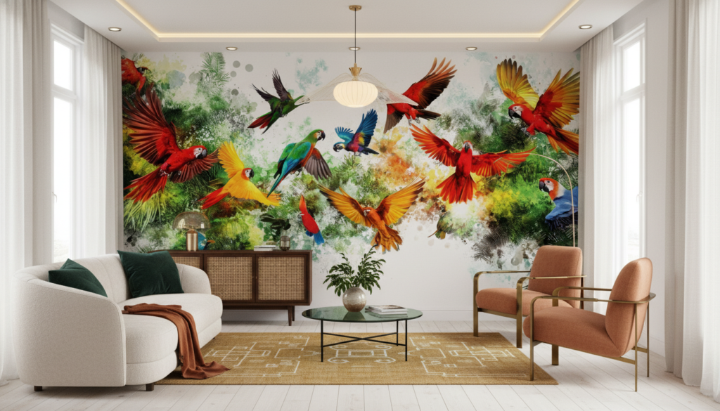 Papier Peint Tropical Perroquets Multicolores Voltigeant dans la Jungle Luxuriante - Salon / Séjour