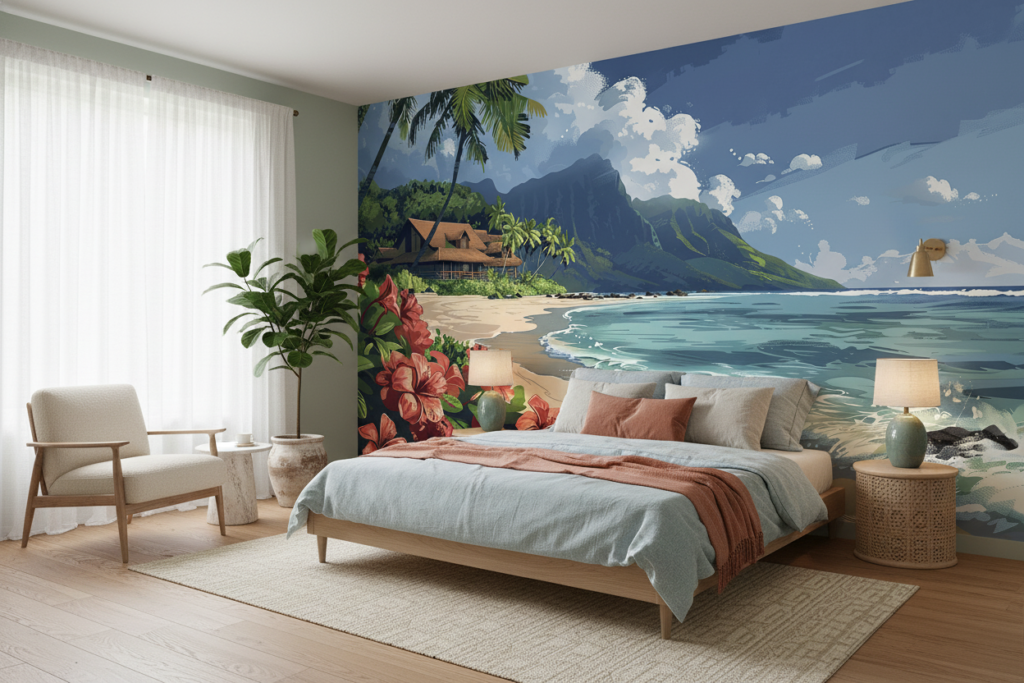 Papier Peint Tropical Plage Paradisiaque avec Hibiscus et Montagne - Chambre adulte