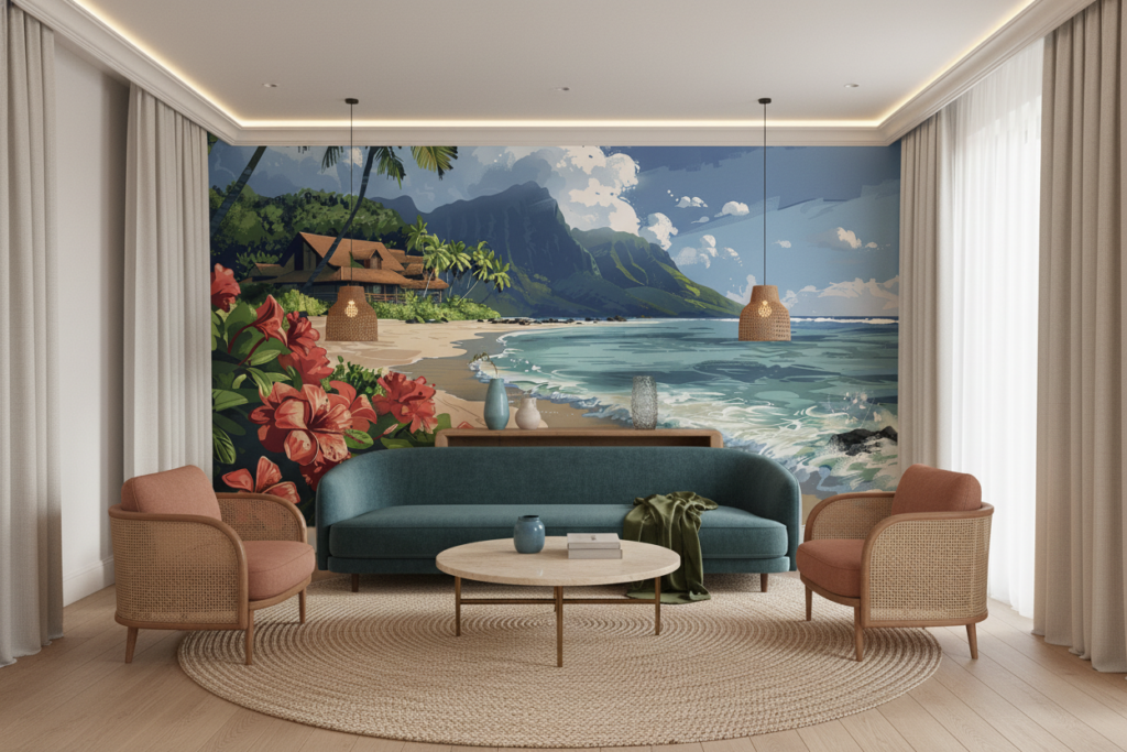 Papier Peint Tropical Plage Paradisiaque avec Hibiscus et Montagne - Hôtel