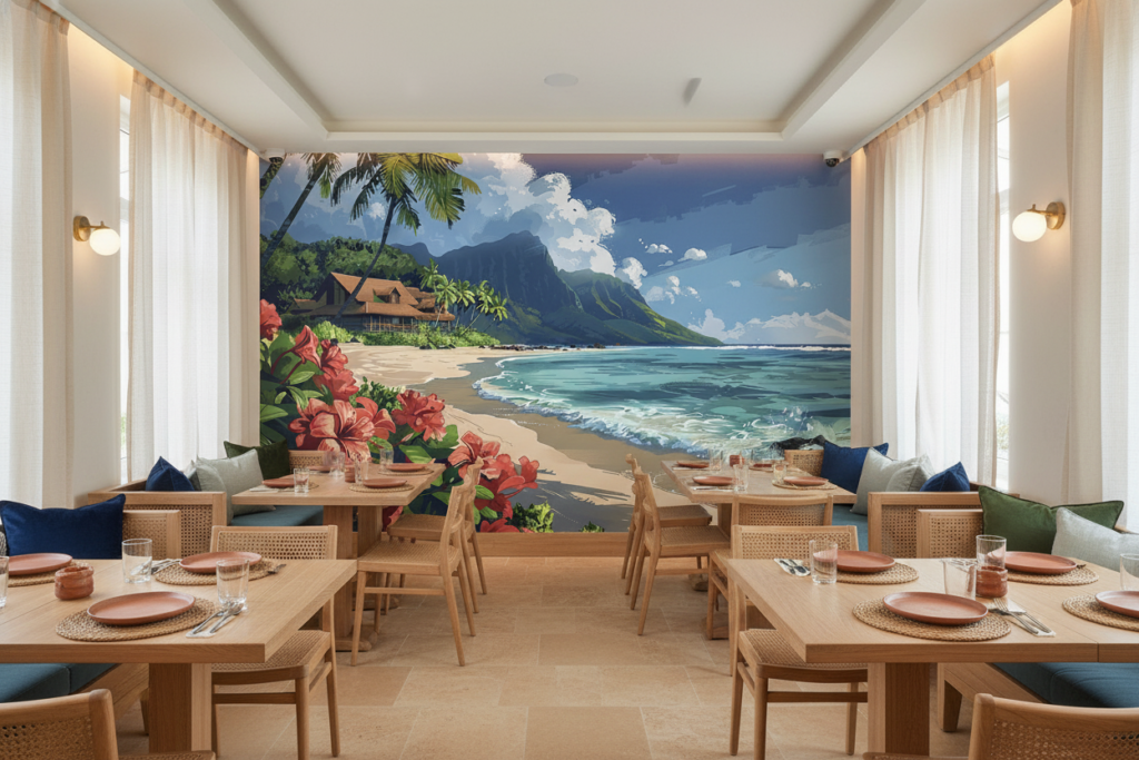 Papier Peint Tropical Plage Paradisiaque avec Hibiscus et Montagne - Restaurant