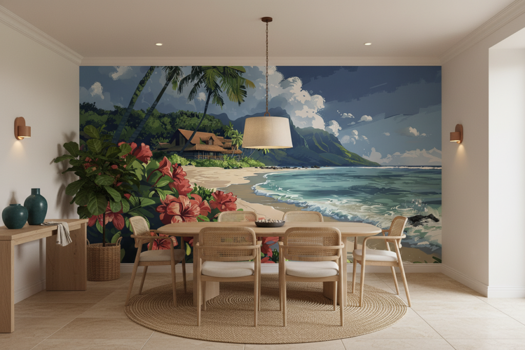 Papier Peint Tropical Plage Paradisiaque avec Hibiscus et Montagne - Salle à manger