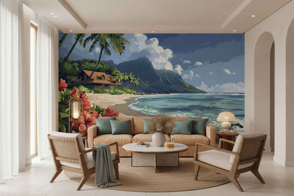 Papier Peint Tropical Plage Paradisiaque avec Hibiscus et Montagne - Salon / Séjour