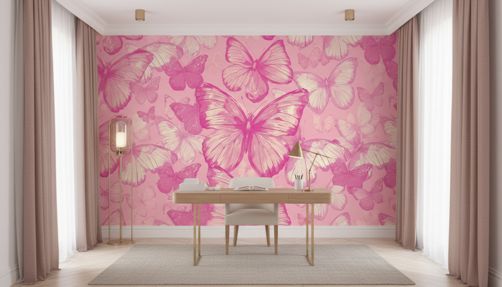 Papier peint tropical rose fuchsia avec papillons et feuilles - Bureau