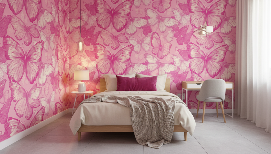 Papier peint tropical rose fuchsia avec papillons et feuilles - Chambre ado