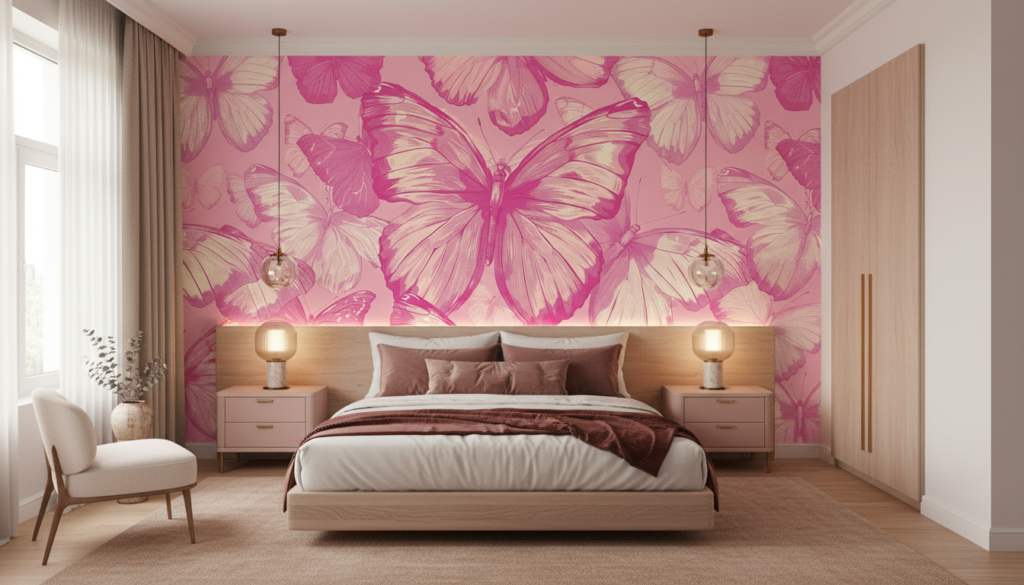 Papier peint tropical rose fuchsia avec papillons et feuilles - Chambre adulte