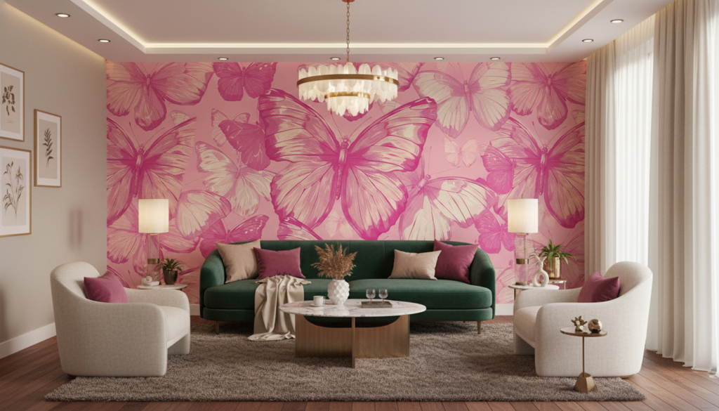 Papier peint tropical rose fuchsia avec papillons et feuilles - Salon / Séjour