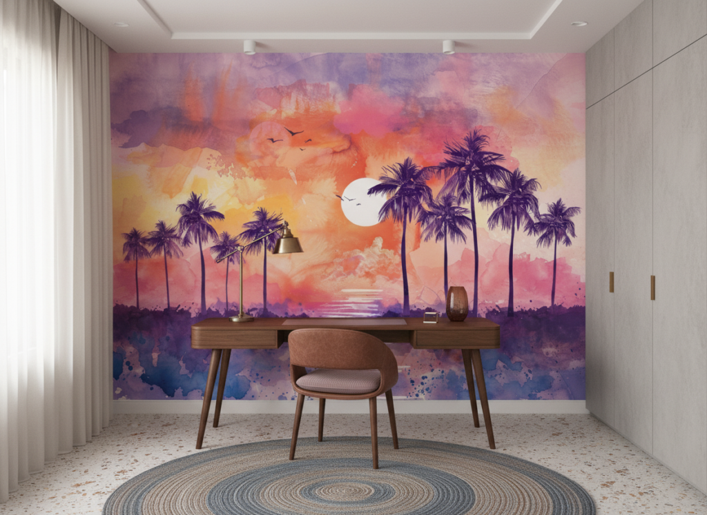 Papier peint tropical sunset avec palmiers et reflets aquarelle - Bureau