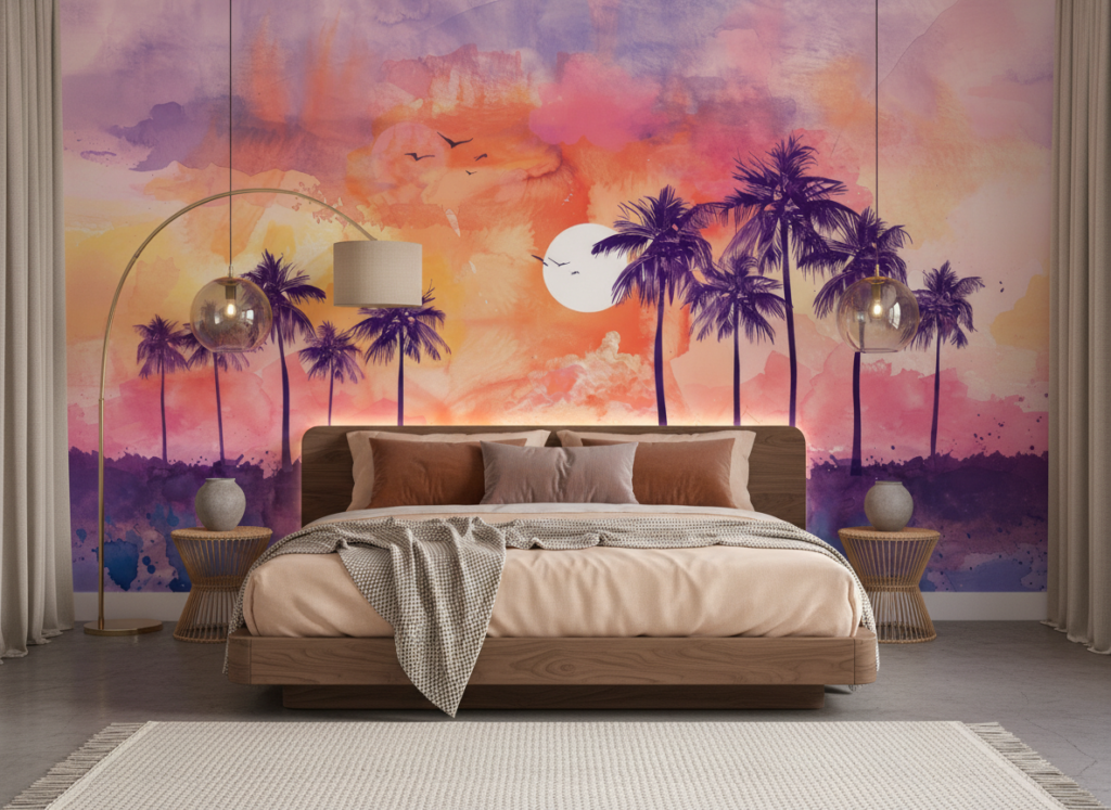 Papier peint tropical sunset avec palmiers et reflets aquarelle - Chambre adulte