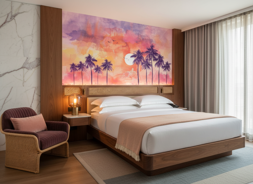 Papier peint tropical sunset avec palmiers et reflets aquarelle - Hôtel