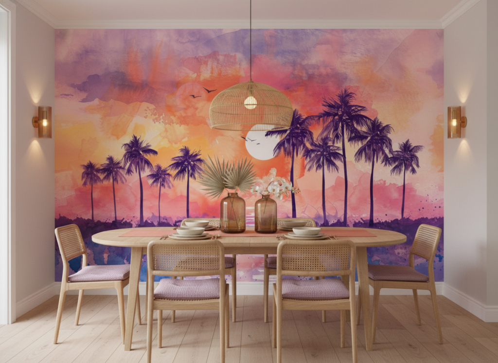 Papier peint tropical sunset avec palmiers et reflets aquarelle - Salle à manger