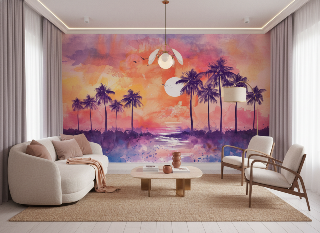 Papier peint tropical sunset avec palmiers et reflets aquarelle - Salon / Séjour