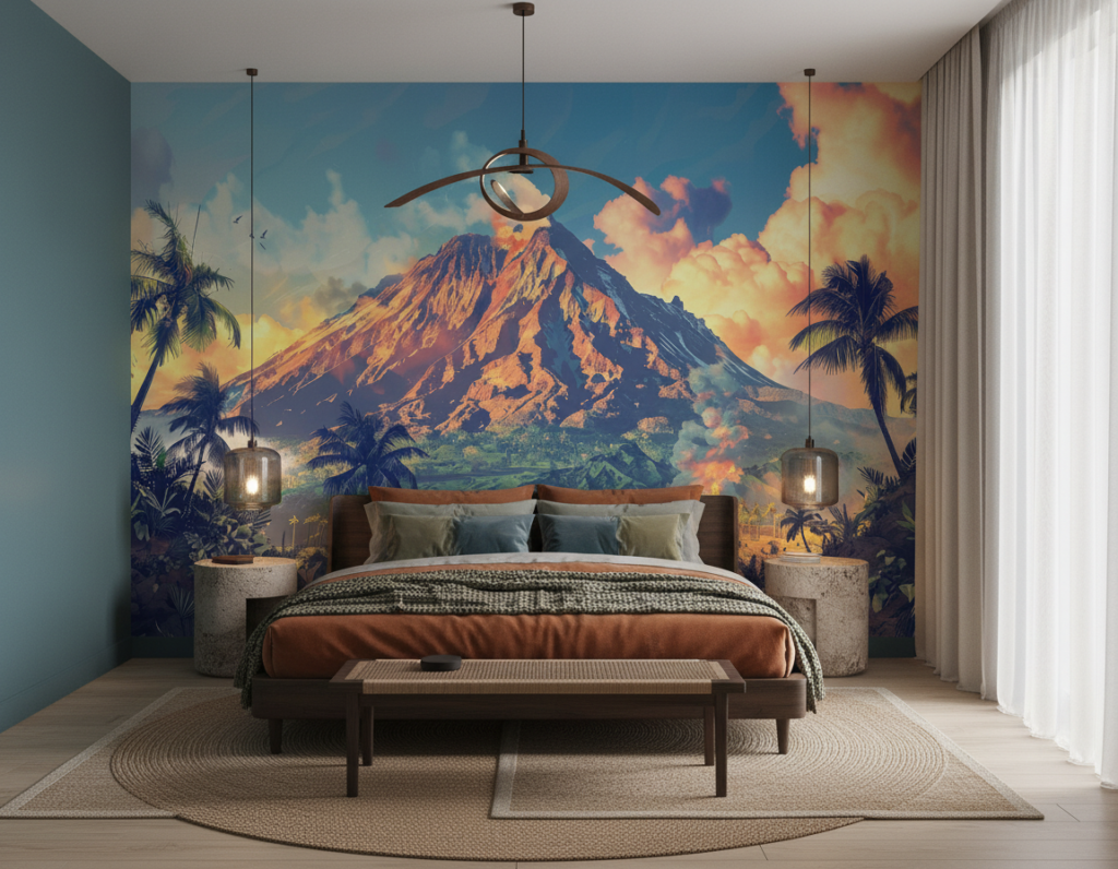 Papier peint tropical volcan coucher de soleil palmiers exotique - Chambre adulte