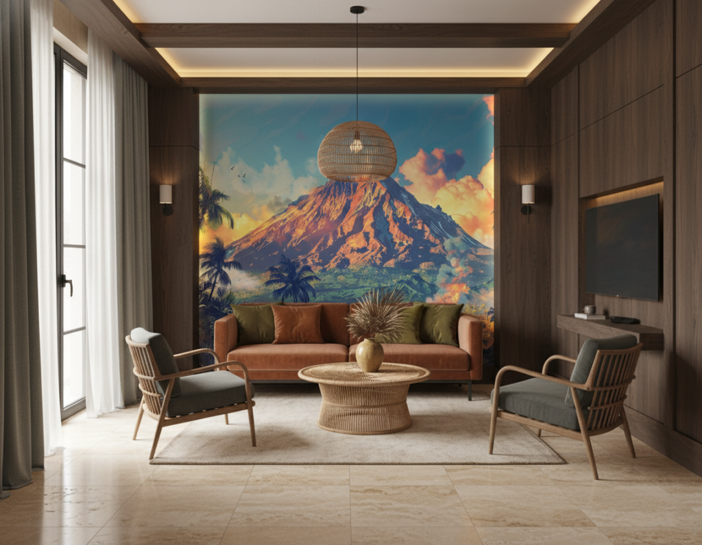 Papier peint tropical volcan coucher de soleil palmiers exotique - Hôtel