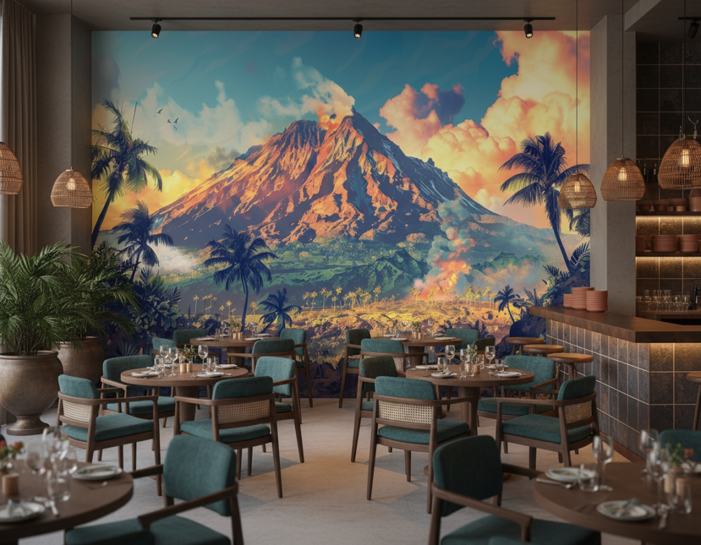 Papier peint tropical volcan coucher de soleil palmiers exotique - Restaurant