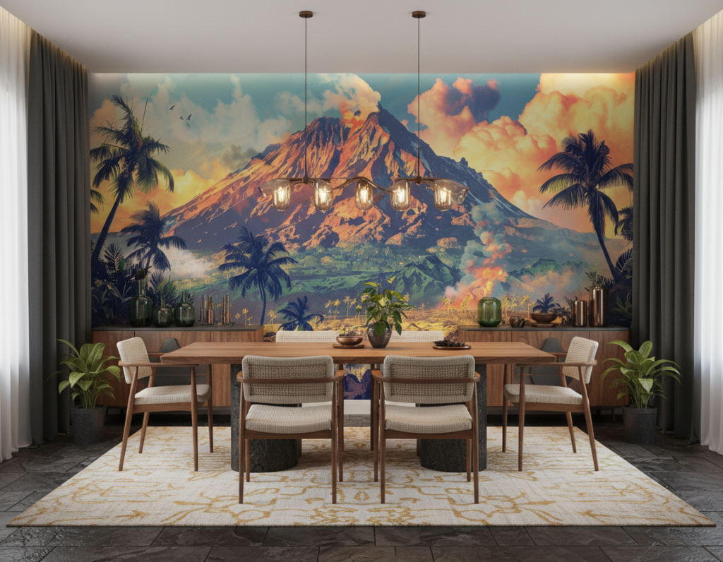 Papier peint tropical volcan coucher de soleil palmiers exotique - Salle à manger