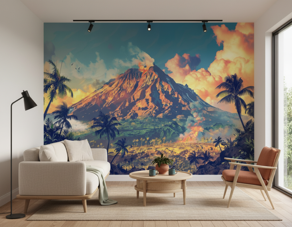 Papier peint tropical volcan coucher de soleil palmiers exotique - Salon / Séjour