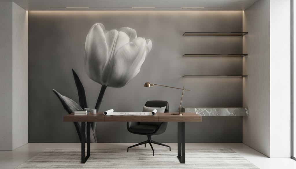 Papier Peint Tulipe Noir et Blanc Élégance Botanique - Bureau