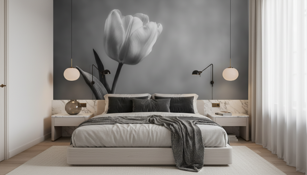 Papier Peint Tulipe Noir et Blanc Élégance Botanique - Chambre adulte