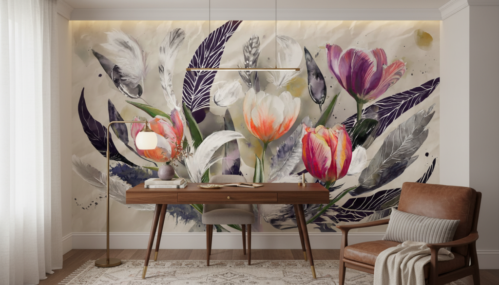 Papier Peint Tulipes Aquarelle et Plumes Bohème Chic - Bureau