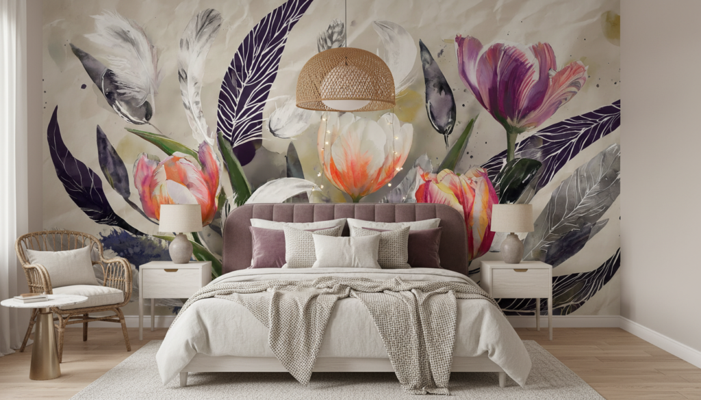 Papier Peint Tulipes Aquarelle et Plumes Bohème Chic - Chambre adulte